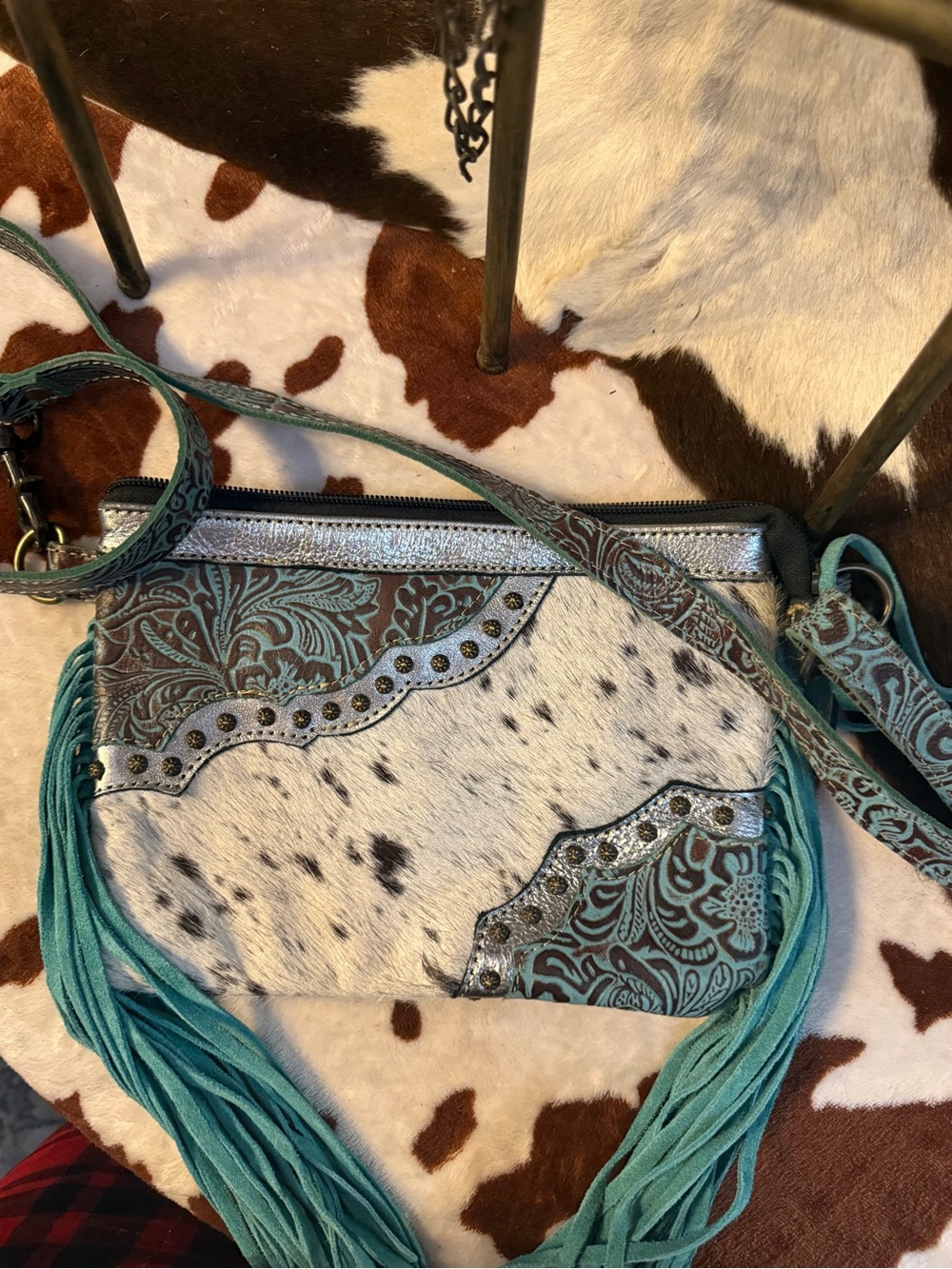 Myra Bag Turquoise and White Fringe Crossbody with Haircalf and Stud Trim